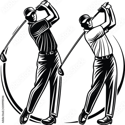Golfers, golf swings, vector illustrations, black and white, sports icons, athletic poses