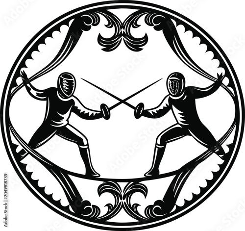 Fencing, fencer, duel, combat sports, circular emblem, black and white vector, illustration, athletic competition, sports icon