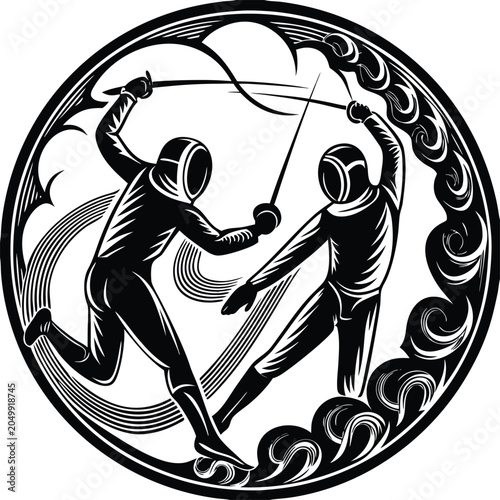 Fencing, fencer, sword fighting, sports icon, black and white, vector illustration, athletic competition, martial art