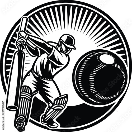 Cricket player, black and white, sports icon, vector illustration, athletic design