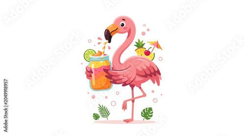 Funny Pink Flamingo Drinking Juice, Summer Tropical Vacation