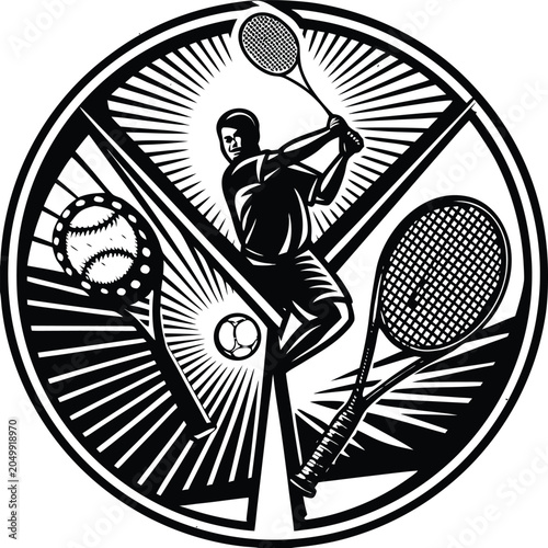 Sports icons, athletic symbols, tennis player, racket, ball, vector graphics
