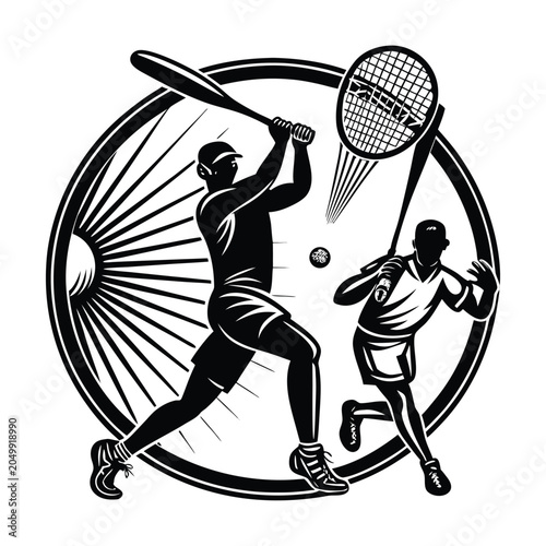Tennis, baseball, sports vector icons, athletic duo, black and white illustration