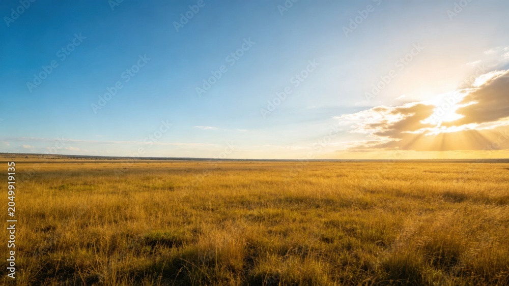 Fototapeta premium Expansive grass savanna with golden light filtering through 