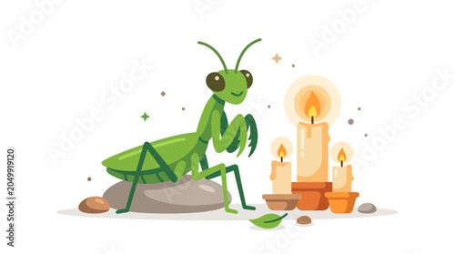 Green Praying Mantis Sitting on Stone Near Glowing Candles