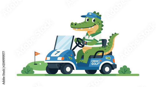Happy alligator driving golf cart on course, 3D cartoon character