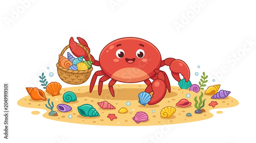 Happy Cartoon Crab with Seashell Basket on Sandy Beach