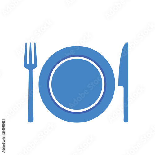Minimalist blue icon featuring a dinner plate with a fork and knife.