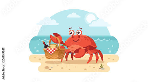 Happy Crab with Picnic Basket on Beach - Vector Illustration