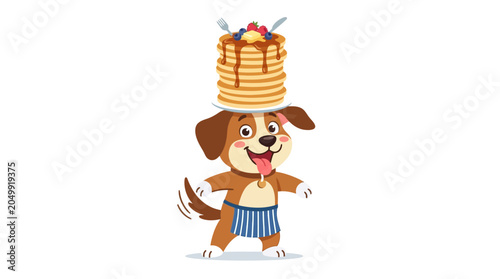 Happy Dog Balancing Pancakes on Head with Syrup and Berries