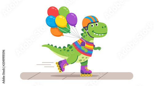 Happy Dinosaur Roller Skating with Balloons