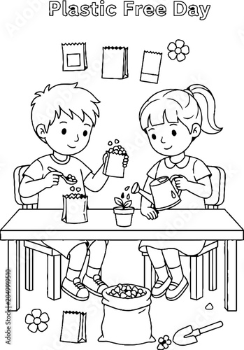 Children planting seeds celebrating Plastic Free Day indoors.