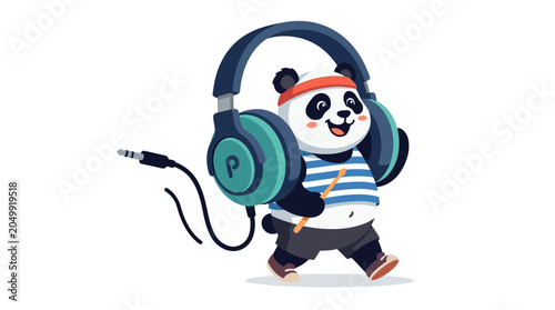 Happy Panda Dancing with Headphones and Drumstick