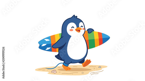 Happy Penguin Surfer Carrying Colorful Surfboard, Walking on Sandy Beach