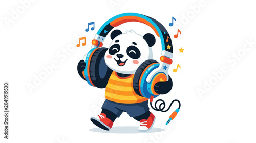 Happy Panda Wearing Big Headphones Listening to Music with Notes and Stars