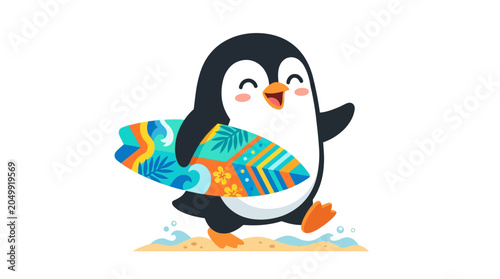 Happy Penguin Surfer Waving with Colorful Surfboard on Beach