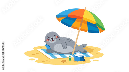 Happy seal relaxing on beach under colorful umbrella, summer vacation concept