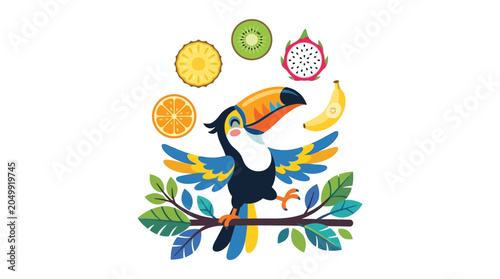 Happy Toucan Bird with Tropical Fruits