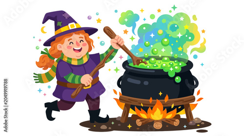 Happy Witch Brewing Potion in Cauldron Animation Style