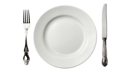 White ceramic plate with ornate silver fork and knife, isolated on transparent background