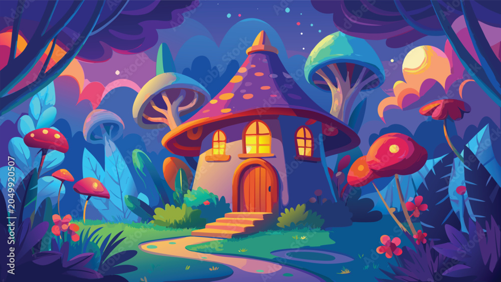 Obraz premium Whimsical Mushroom House in a magical forest at twilight with glowing and vibrant foliage