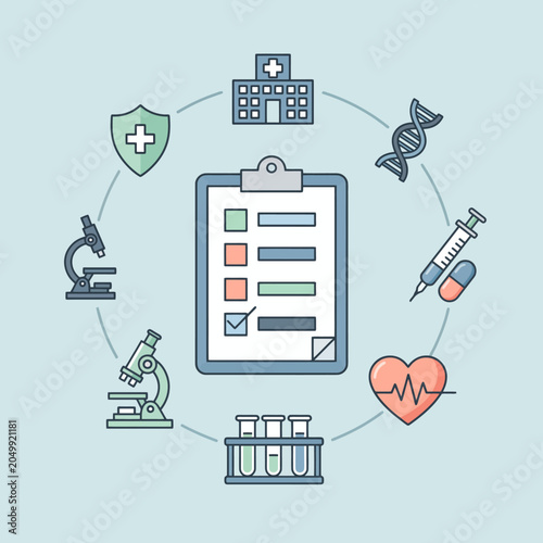 A medical clipboard surrounded by various healthcare research icons