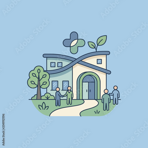 A flat illustration of a modern eco friendly medical facility building