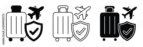 Travel security icons with suitcases, Airplanes and shields with checkmarks, Symbolizing safe travel and luggage protection