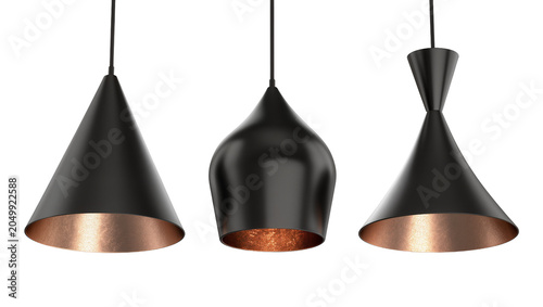 Photos Three modern black pendant lamps with copper interiors, isolated on transparent