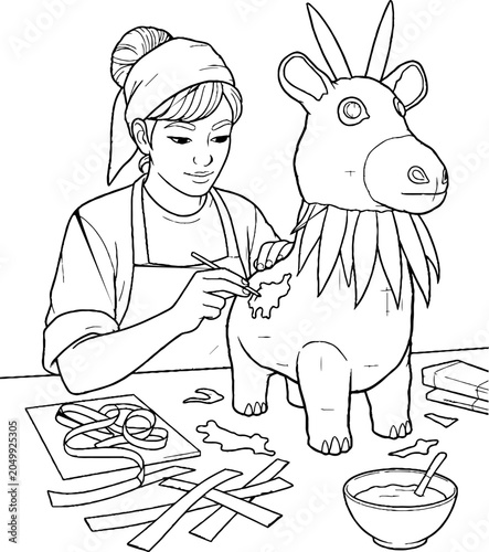 Artist carefully crafting colorful paper mache animal figure.