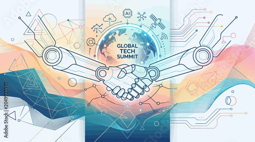 Fotografie Robotic handshake over globe with tech icons, symbolizing global technology summ