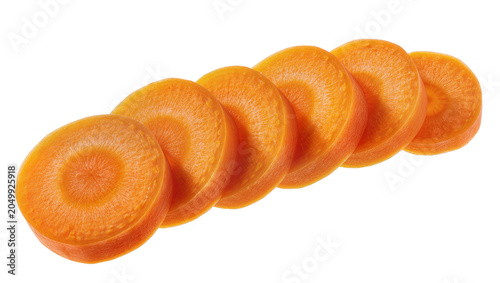 Canvastavla Fresh orange carrot slices arranged in a row, isolated on transparent background