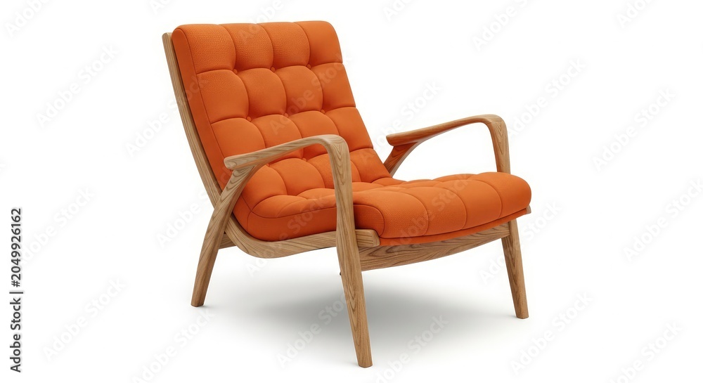 Fototapeta premium Mid-Century Modern Orange Armchair with Oak Wood Frame Isolated on White Background