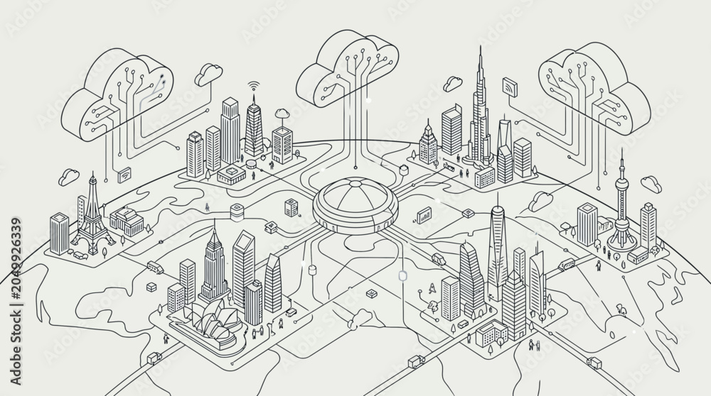 Obraz premium Connected Smart City Network with Cloud Computing and Global Data Flow
