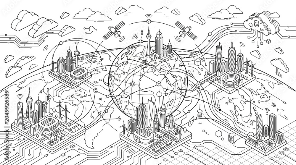 Obraz premium Global Smart City Network Illustration: Connectivity, Technology, and Urban Development