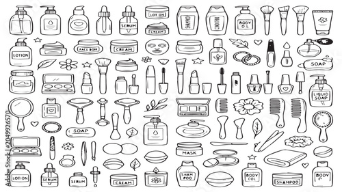 Cosmetics and Skincare Doodle Vector Set | Feminine Self Care Line Art Clipart