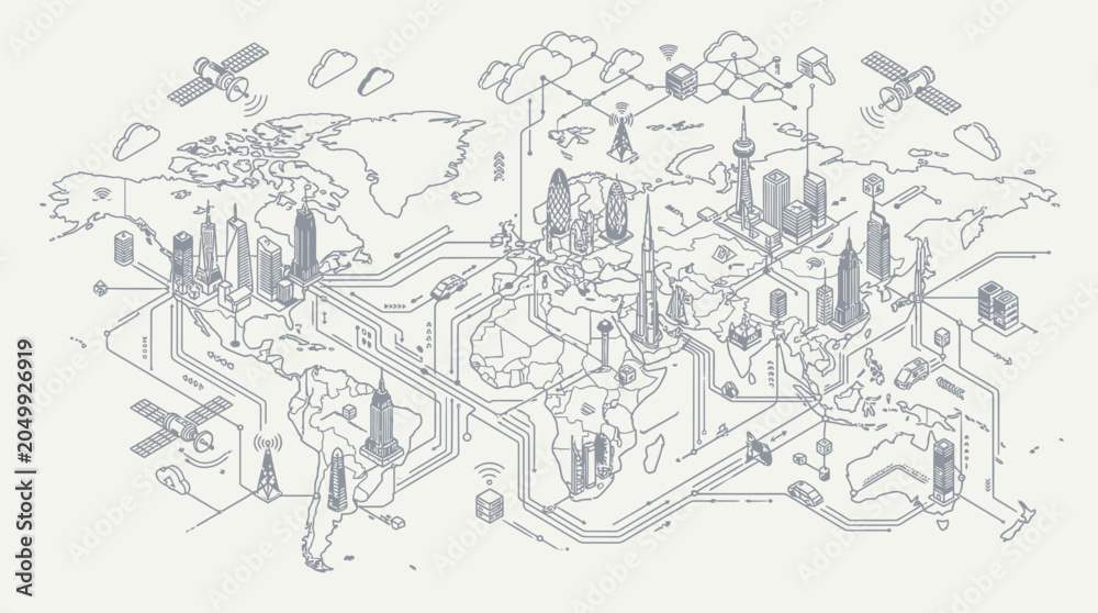 Obraz premium Global network map with cities, satellites, and digital connections