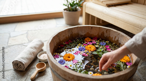 Foot bath with flowers and stones