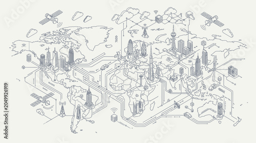 Slika na platnu Global network map with cities, satellites, and digital connections