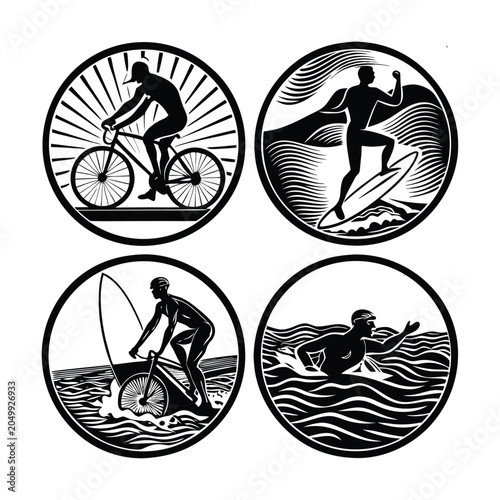 Sports icons, athletic silhouettes, cycling surfing skateboarding, vector graphics set