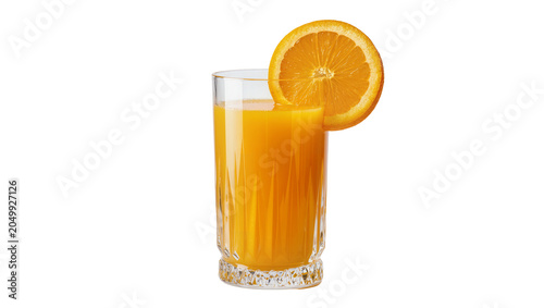 Fotografie Tall glass of orange juice with fresh orange slice garnish, isolated on transpar
