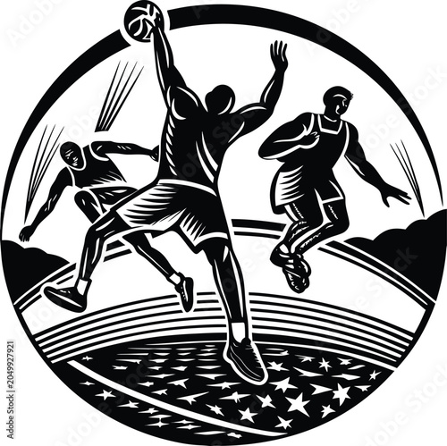 Black and white, vector illustration, basketball players, sports emblem, athletic competition