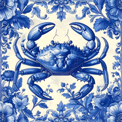 A blue and white illustration of a crab surrounded by floral patterns