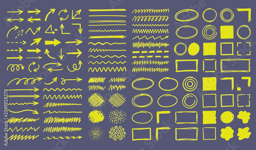Fotografie Hand drawn yellow highlighter marker elements set with brush strokes lines arrow