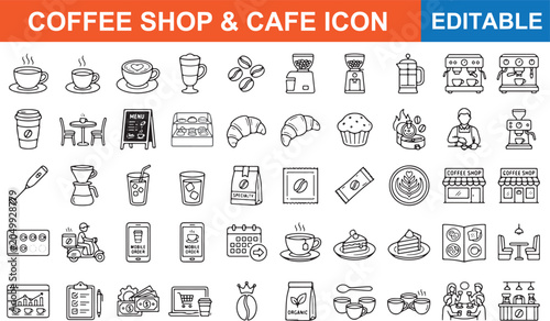 Editable coffee shop and cafe icons set