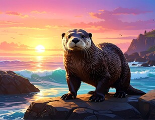 Bear sitting on rocky cliff at sunset.