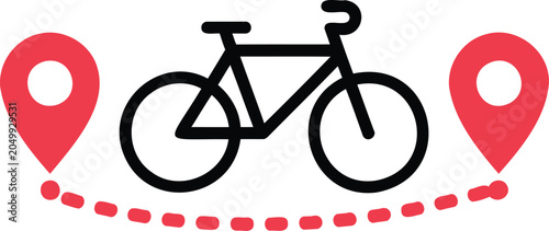 Foto Stylized bicycle icon connected by a dotted line between two location pins repre