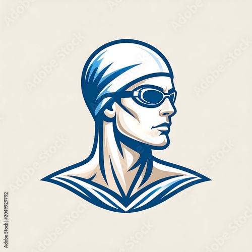 A blue and white illustration of a swimmer's head in profile