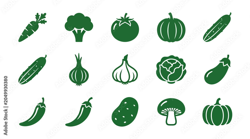 Fototapeta premium Premium flat minimal vector icon set of 12 mixed vegetables in single color style: carrot, broccoli, tomato, cucumber, onion, garlic, cabbage, eggplant, chili pepper, potato, mushroom, pumpkin.