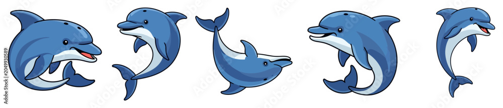 Naklejka premium Cartoon dolphins in various swimming poses
